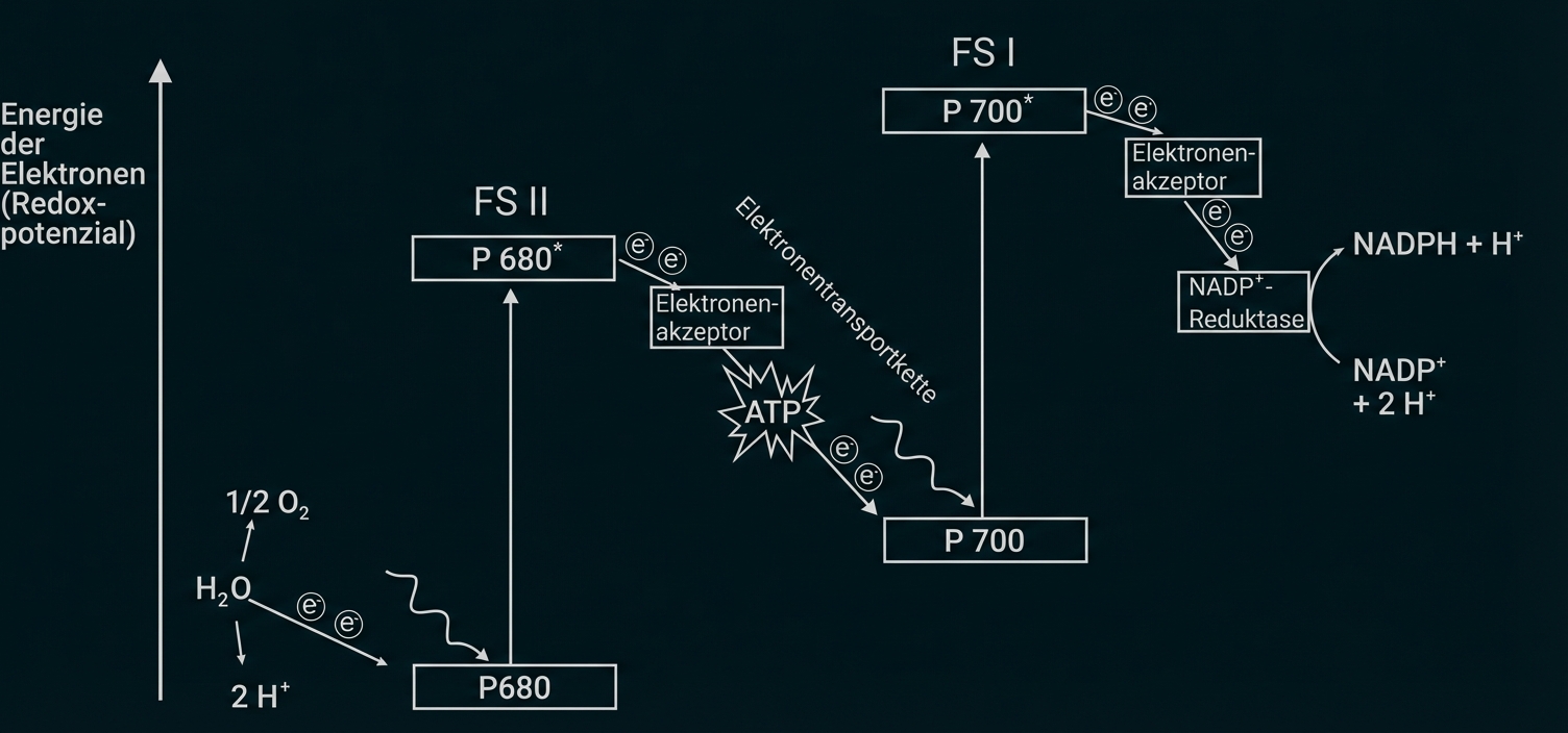 Schematische Darstellung der Lichtreaktion: PS II (P680) und PS I (P700) mit Elektronentransport, ATP- und NADPH-Bildung.